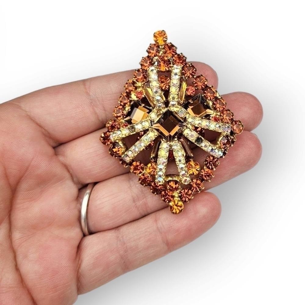 Juliana Rhinestone Brooch Pin Pendant Layered Topaz AB Orange Diamond Vtg D&E - Picture 12 of 12